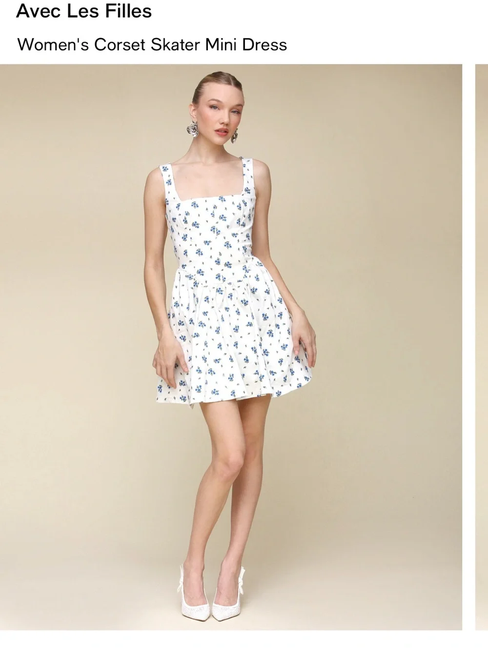 Avec Les Filles White Mini Dress with Blue Floral Print